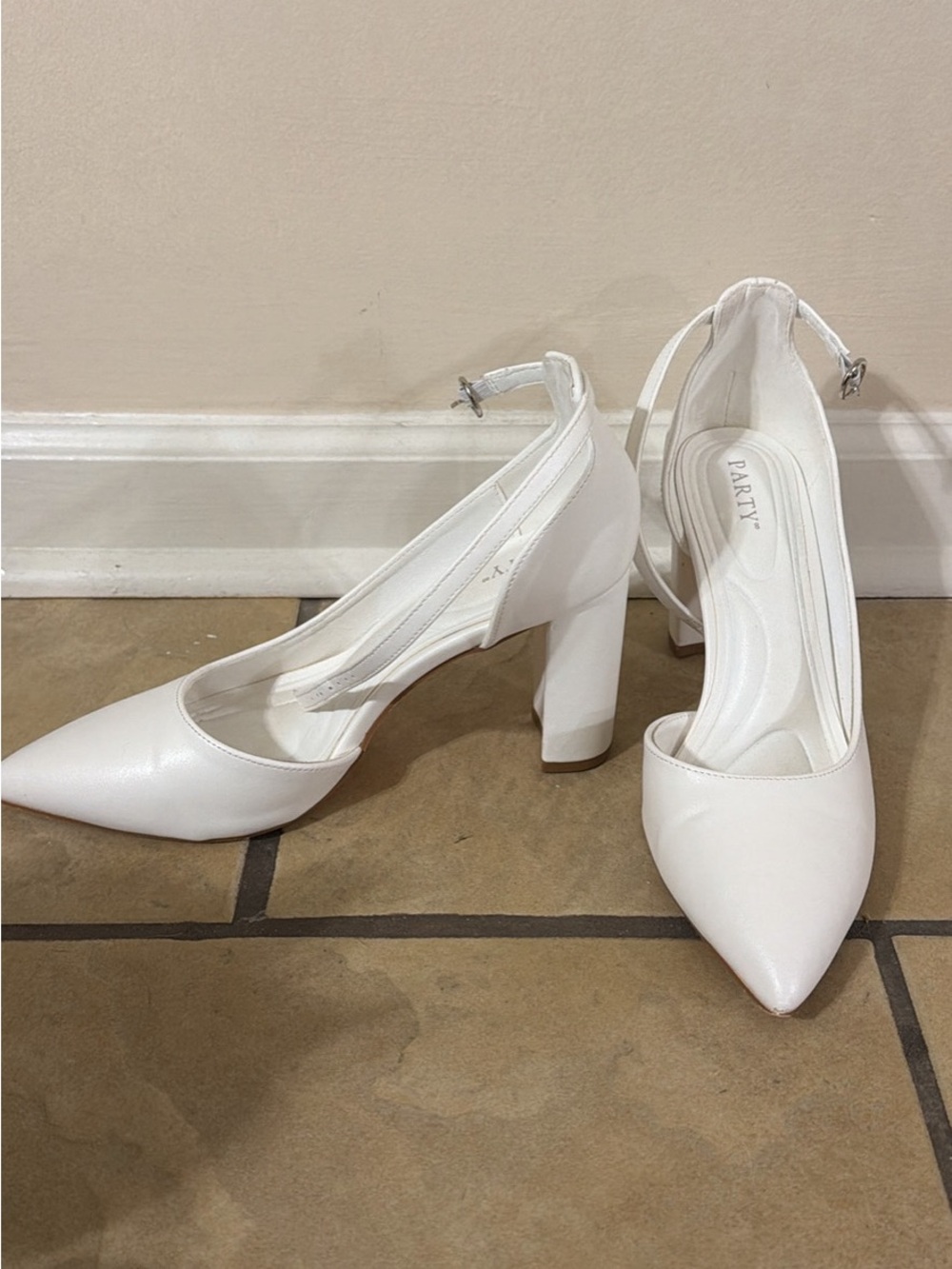 White Pointed Block Heel Pumps with Ankle Strap